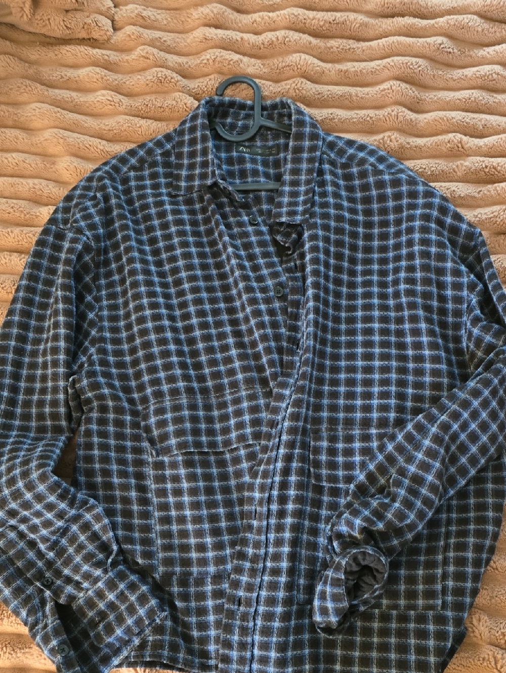 Zara Men's Navy and Light Blue Plaid Lightweight Croppes Shirt Jacket